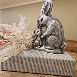 Silver Bunny Figurine Decorative Sculpture - Mother & Baby Rabbits With Book